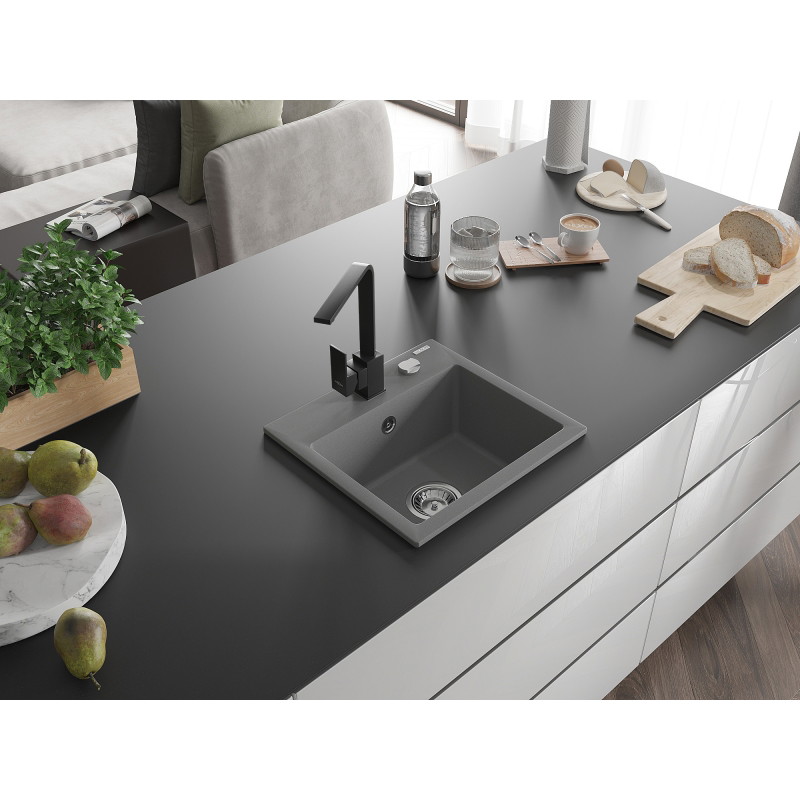 Mexen Milo 1-bowl granite sink with Rita kitchen faucet, gray - 6505-71-670300-70