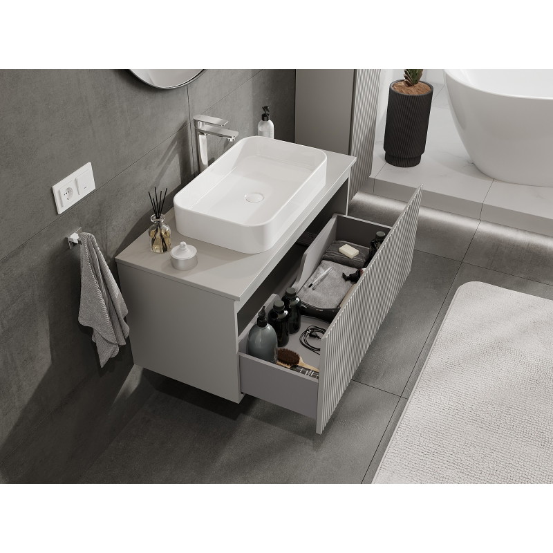 Mexen Rivel 100 cm Under-Sink Bathroom Cabinet with Counter, 1 Drawer, Fluted, Matte Gray - 91A20-10047-1-BFC62