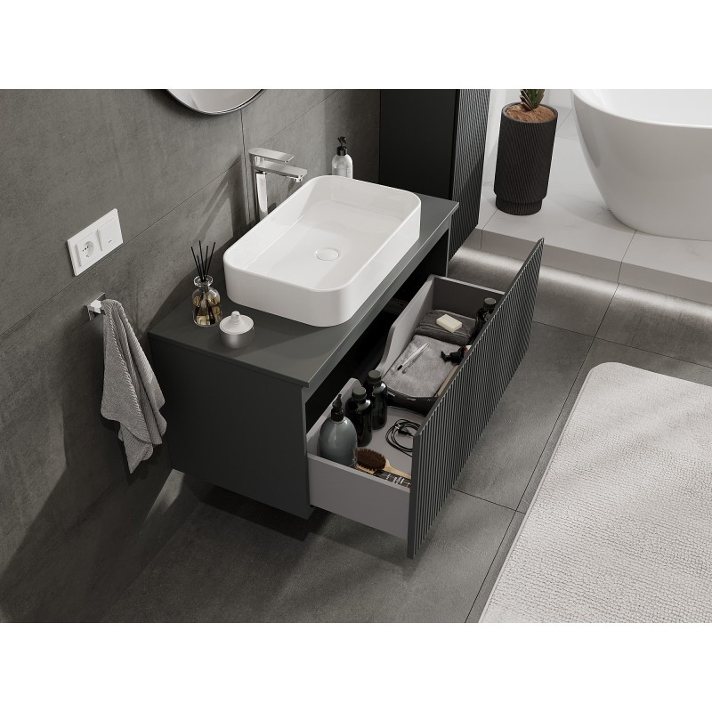 Mexen Rivel 100 cm Bathroom Vanity Cabinet with Countertop, 1 Drawer, Fluted, Matte Graphite - 91A20-10047-1-BFC66