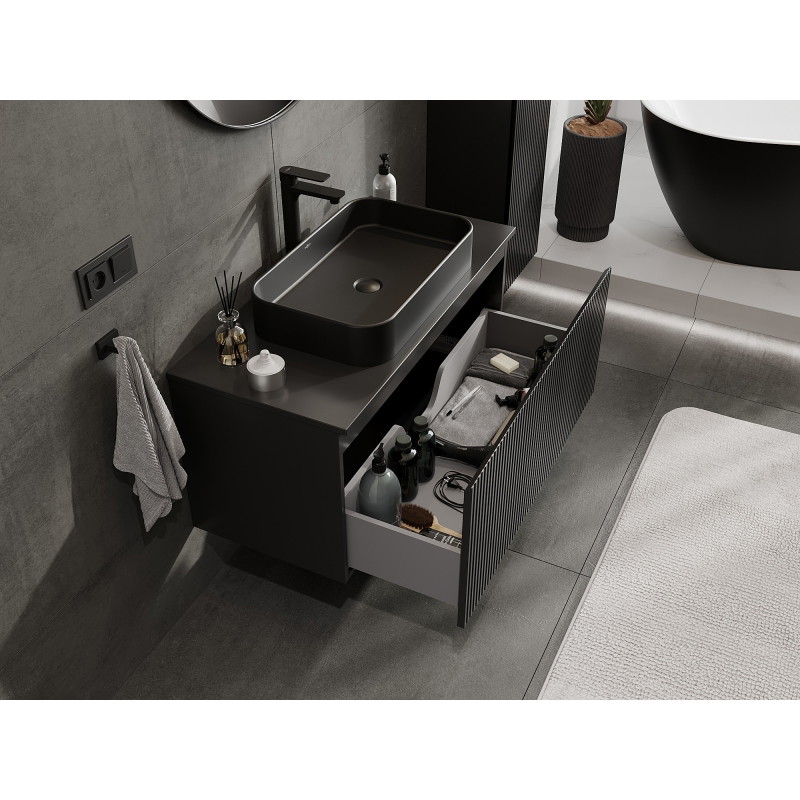 Mexen Rivel 100 cm Under-Sink Bathroom Cabinet with Countertop, 1 Drawer, Fluted, Matte Black - 91A20-10047-1-BFC71
