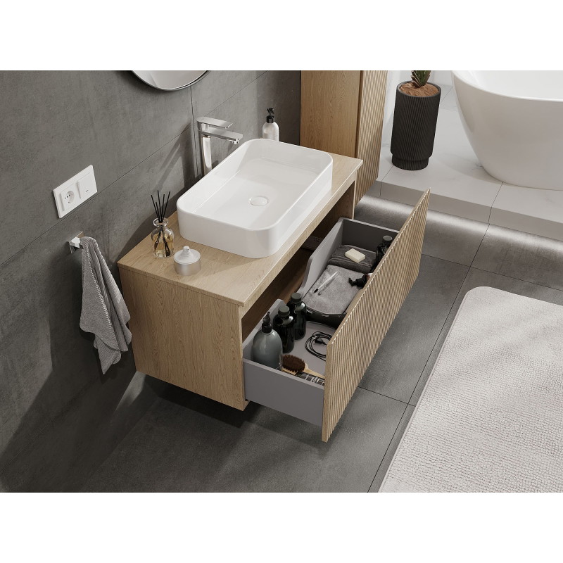 Mexen Rivel bathroom cabinet for under sink 100 cm with countertop, 1 drawer, fluted, oak - 91A20-10047-1-BFC81