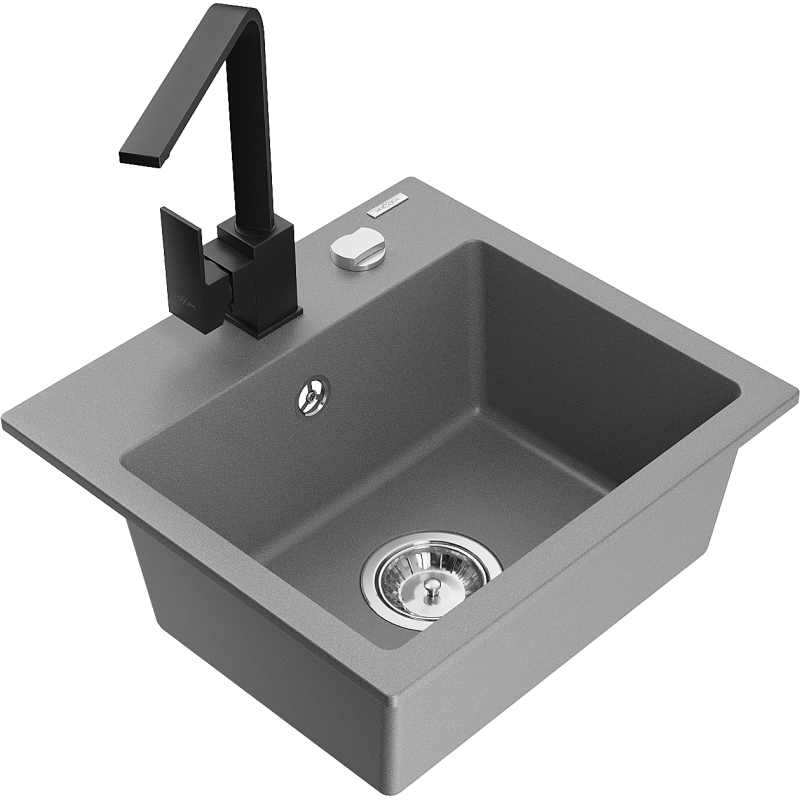 Mexen Milo 1-bowl granite sink with Rita kitchen tap, grey - 6505-71-670300-70
