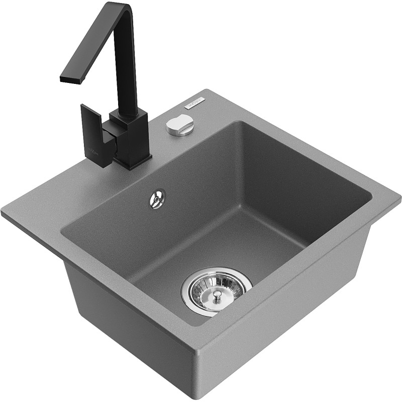 Mexen Milo granite kitchen sink 1-bowl with Rita kitchen faucet, gray - 6505-71-670300-70