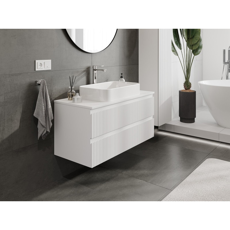 Mexen Rivel 100 cm bathroom vanity cabinet with countertop, 2 drawers, fluted, matt white - 91A20-10047-2-BFFC01