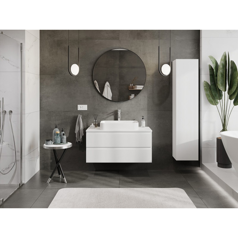 Mexen Rivel 100 cm bathroom vanity cabinet with countertop, 2 drawers, fluted, matt white - 91A20-10047-2-BFFC01