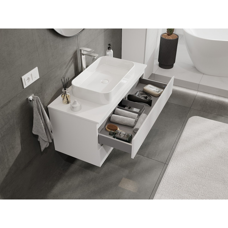 Mexen Rivel 100 cm bathroom vanity cabinet with countertop, 2 drawers, fluted, matt white - 91A20-10047-2-BFFC01