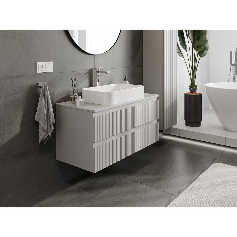 Mexen Rivel 100 cm Under-Sink Bathroom Cabinet with Countertop, 2 Drawers, Ribbed, Matte Gray - 91A20-10047-2-BFFC62
