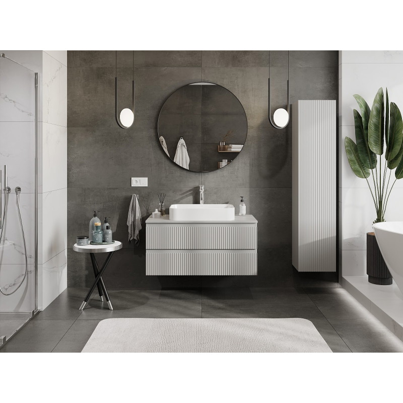 Mexen Rivel 100 cm Under-Sink Bathroom Cabinet with Countertop, 2 Drawers, Ribbed, Matte Gray - 91A20-10047-2-BFFC62
