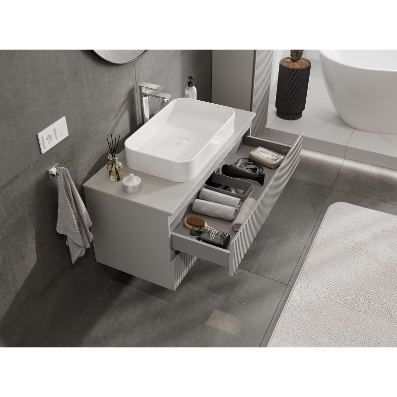 Mexen Rivel 100 cm Under-Sink Bathroom Cabinet with Countertop, 2 Drawers, Ribbed, Matte Gray - 91A20-10047-2-BFFC62