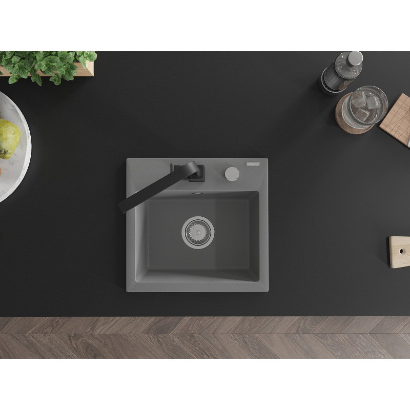 Mexen Milo granite kitchen sink 1-bowl with Rita kitchen faucet, gray - 6505-71-670300-70