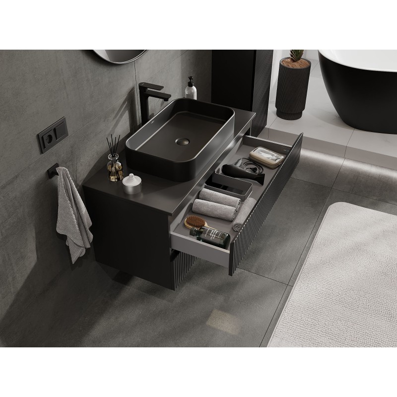 Mexen Rivel bathroom cabinet under-sink 100 cm with countertop, 2 drawers, fluted, black matte - 91A20-10047-2-BFFC71