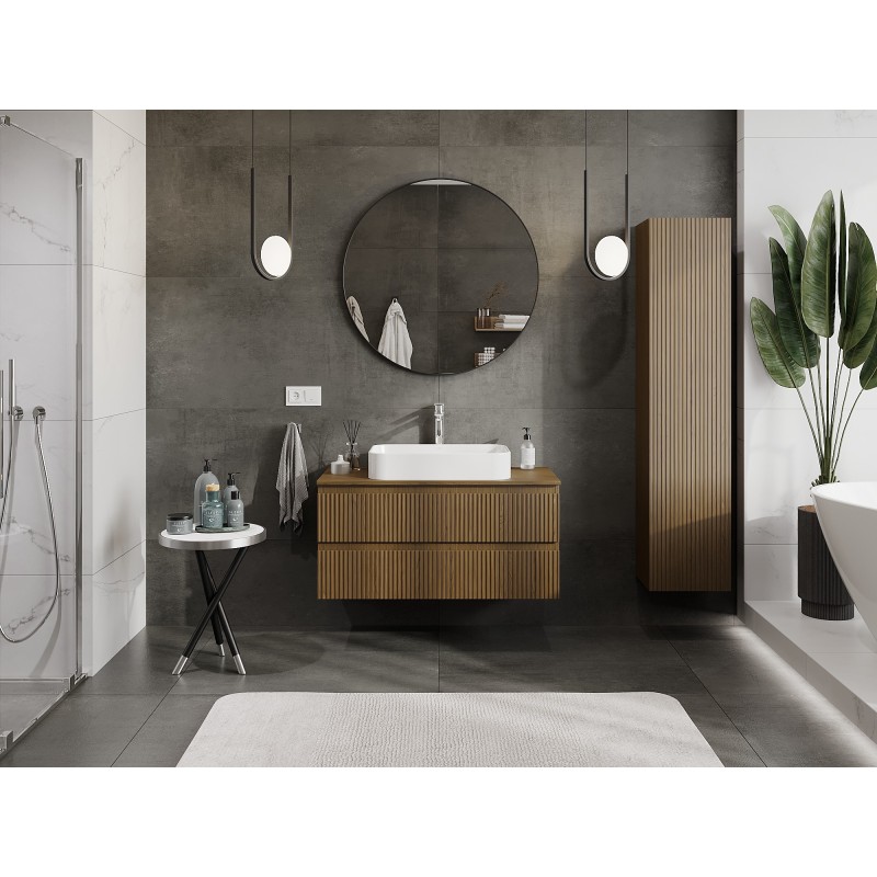 Mexen Rivel bathroom cabinet for washbasin 100 cm with countertop, 2 drawers, fluted, walnut - 91A20-10047-2-BFFC86