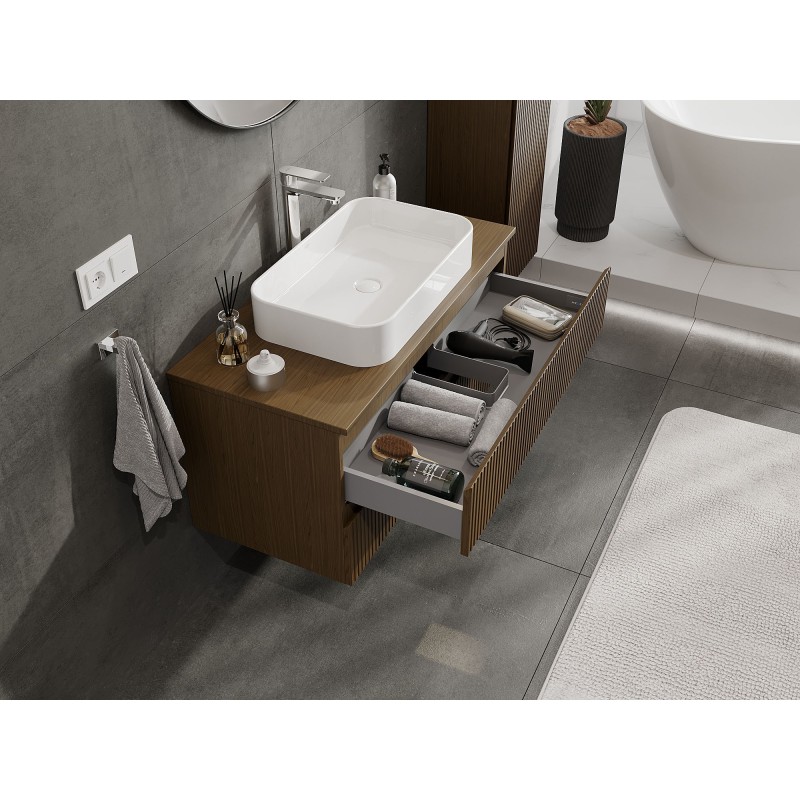 Mexen Rivel bathroom cabinet for washbasin 100 cm with countertop, 2 drawers, fluted, walnut - 91A20-10047-2-BFFC86