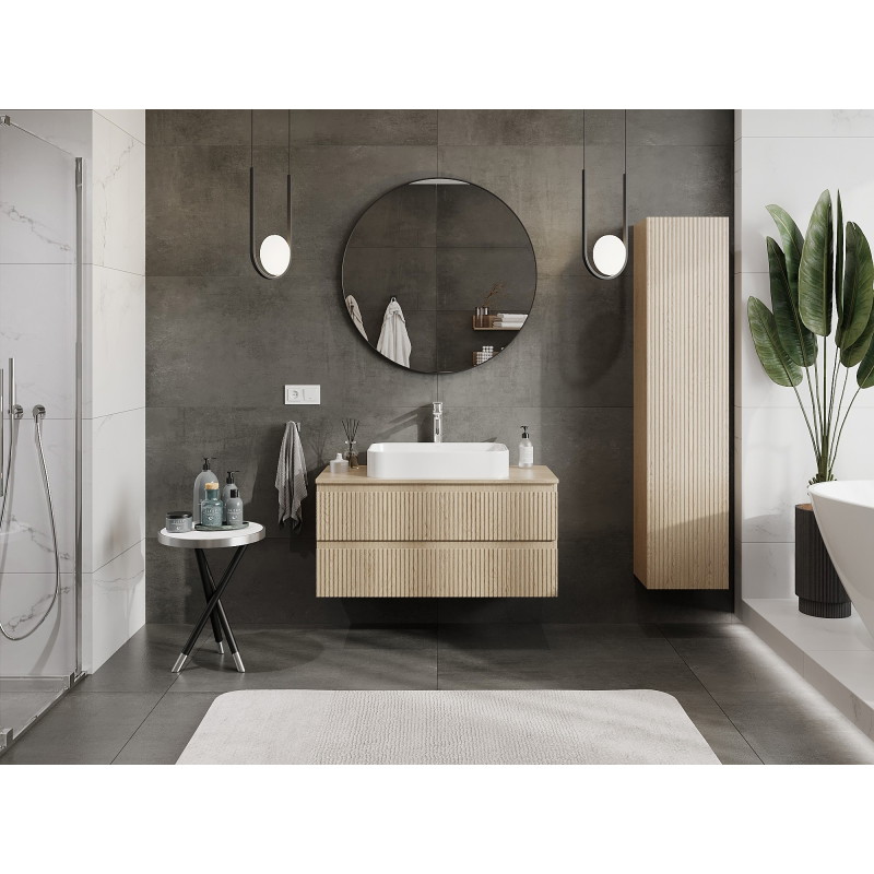 Mexen Rivel 100 cm under-sink bathroom cabinet with countertop, 2 drawers, grooved, oak - 91A20-10047-2-BFFC81