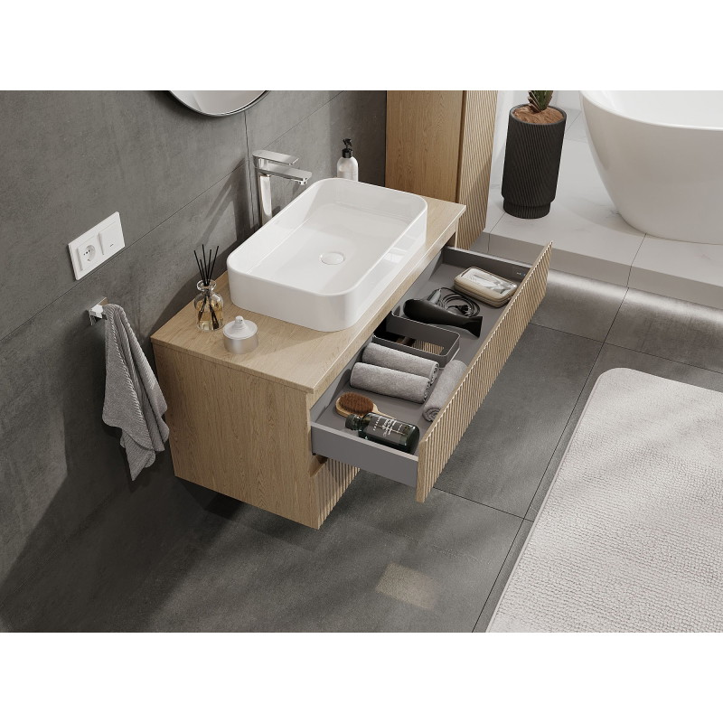 Mexen Rivel 100 cm under-sink bathroom cabinet with countertop, 2 drawers, grooved, oak - 91A20-10047-2-BFFC81