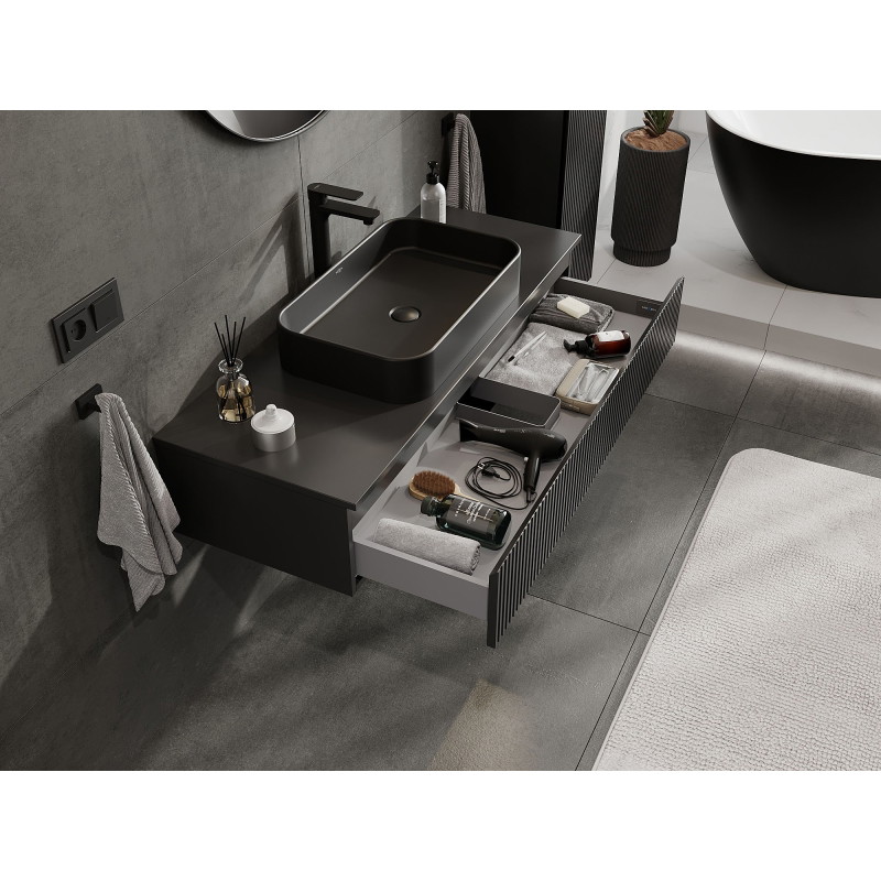 Mexen Rivel 120 cm bathroom cabinet with countertop, 1 drawer, ribbed, matte black - 91A20-12023-1-BFC71