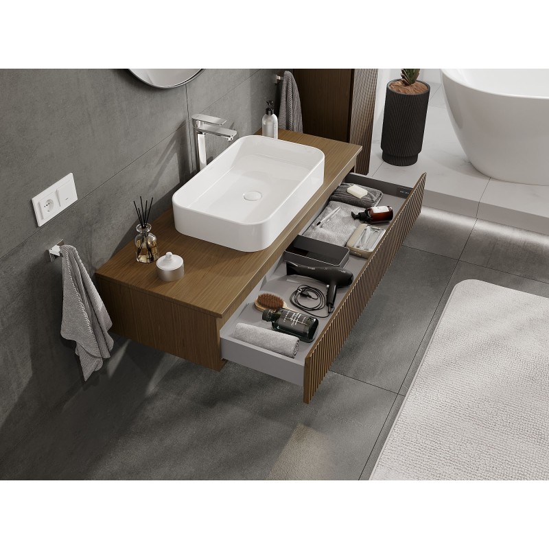 Mexen Rivel bathroom cabinet under sink 120 cm with countertop, 1 drawer, ribbed, walnut - 91A20-12023-1-BFC86