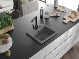 Mexen Milo 1-compartment granite sink with a kitchen mixer tap Rita, Grey - 6505-71-670300-70-B