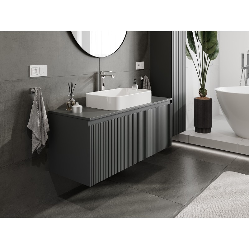 Mexen Rivel 120 cm Bathroom Cabinet with Countertop, 1 Drawer, Fluted, Matte Graphite - 91A20-12047-1-BFC66