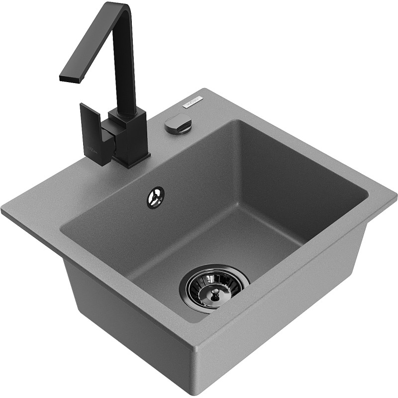 Mexen Milo granite kitchen sink 1-bowl with Rita kitchen faucet, gray - 6505-71-670300-70-B