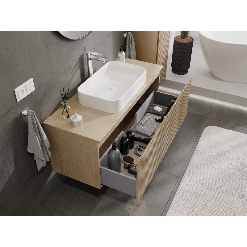 Mexen Rivel 120 cm under-sink bathroom cabinet with countertop, 1 drawer, grooved, oak - 91A20-12047-1-BFC81