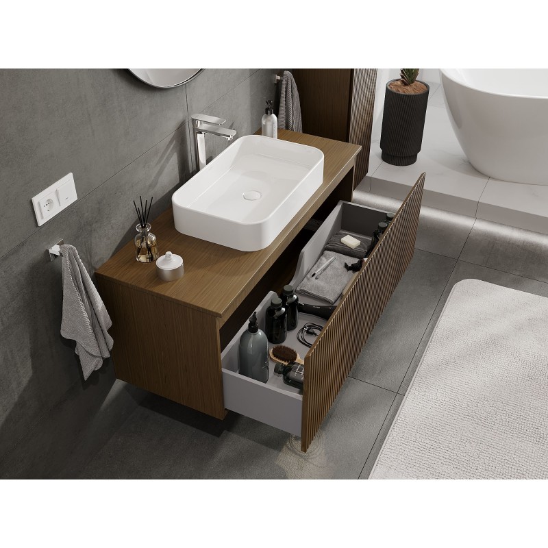 Mexen Rivel 120 cm bathroom cabinet with countertop, 1 drawer, fluted, walnut - 91A20-12047-1-BFC86