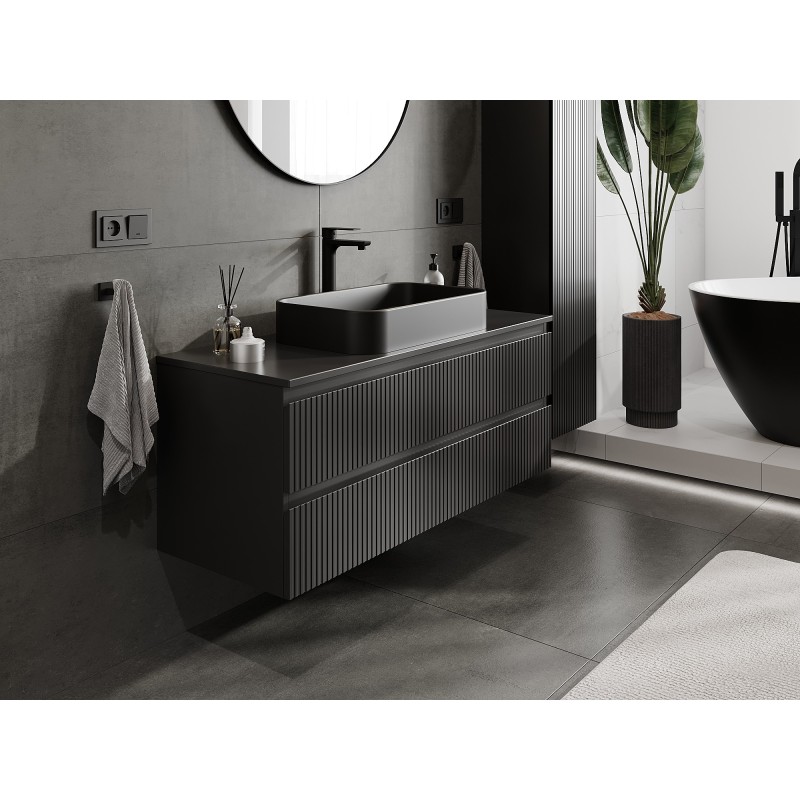 Mexen Rivel bathroom sink cabinet 120 cm with countertop, 2 drawers, fluted, matte black - 91A20-12047-2-BFFC71