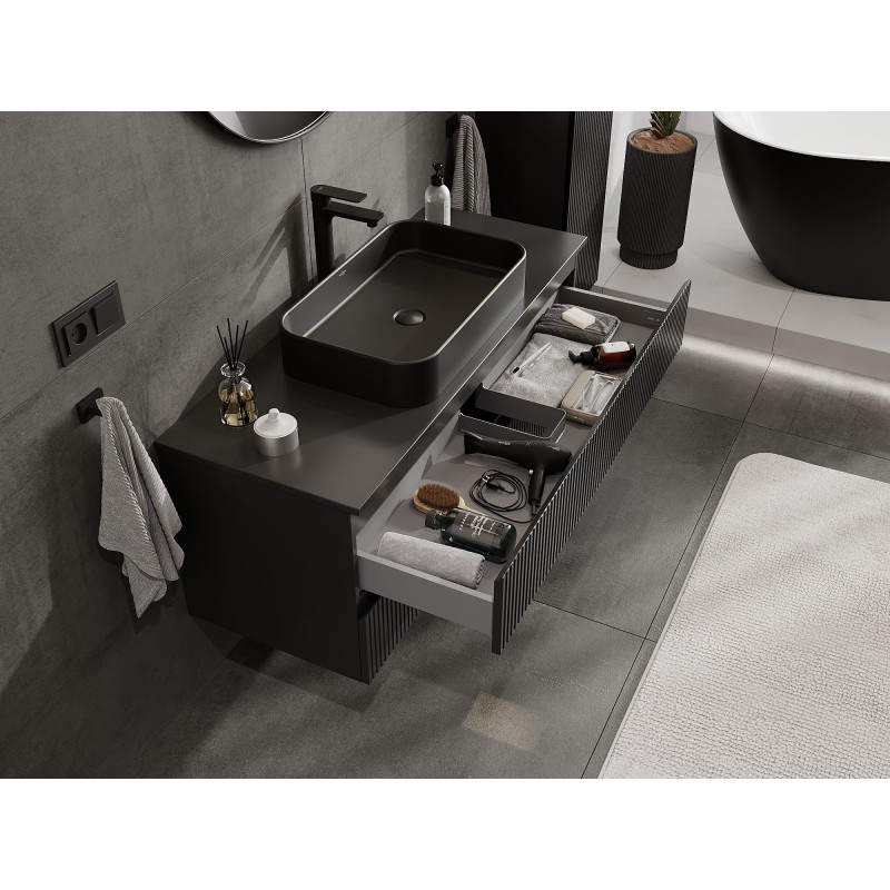 Mexen Rivel bathroom sink cabinet 120 cm with countertop, 2 drawers, fluted, matte black - 91A20-12047-2-BFFC71