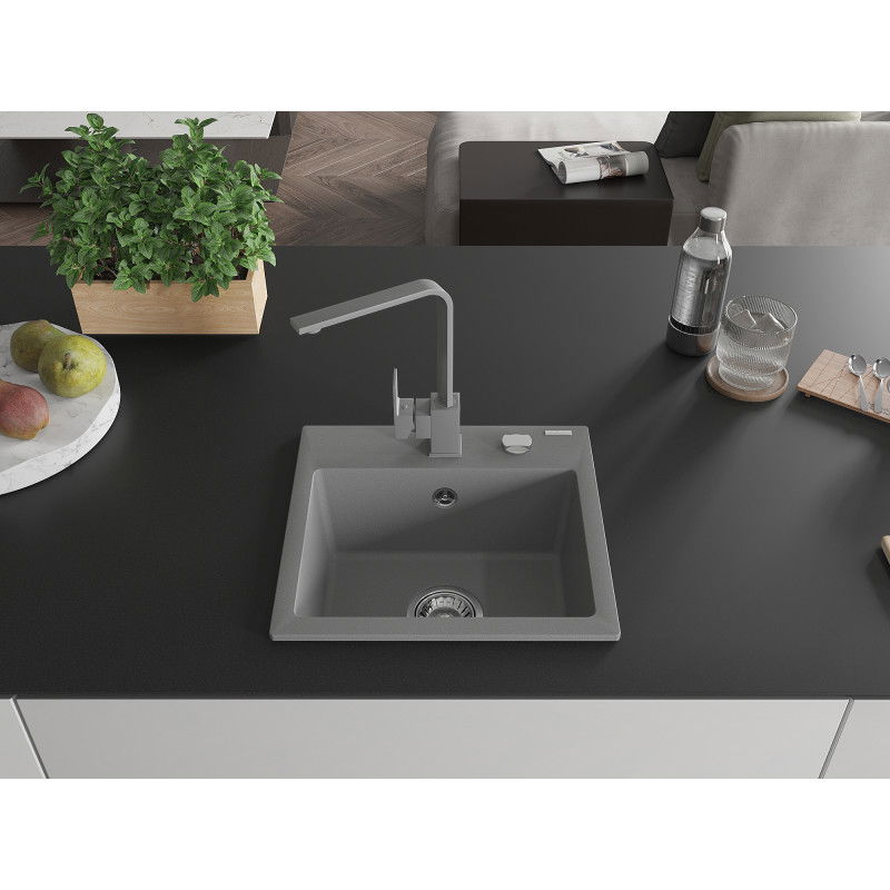 Mexen Milo 1-bowl granite sink with Rita kitchen tap, grey - 6505-71-670300-71