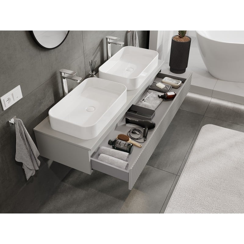 Mexen Rivel bathroom cabinet under sink 140 cm with countertop, 1 drawer, grooved, matte grey - 91A20-14023-1-BFC62