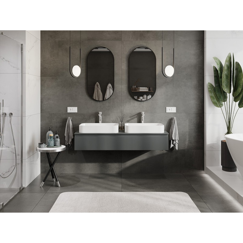 Mexen Rivel 140 cm under-sink bathroom cabinet with countertop, 1 drawer, fluted, matte graphite - 91A20-14023-1-BFC66