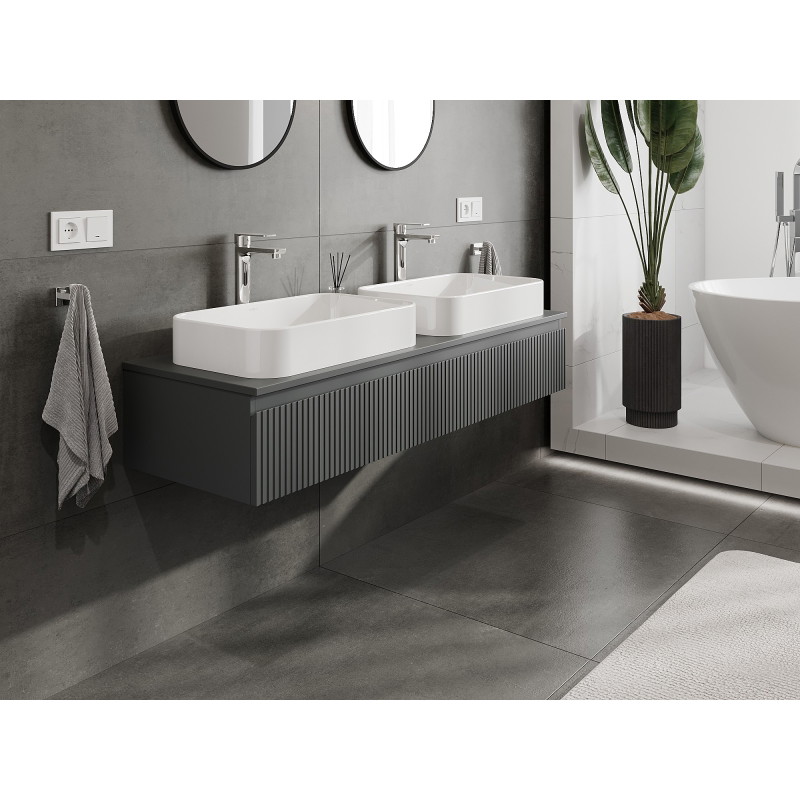 Mexen Rivel 140 cm under-sink bathroom cabinet with countertop, 1 drawer, fluted, matte graphite - 91A20-14023-1-BFC66
