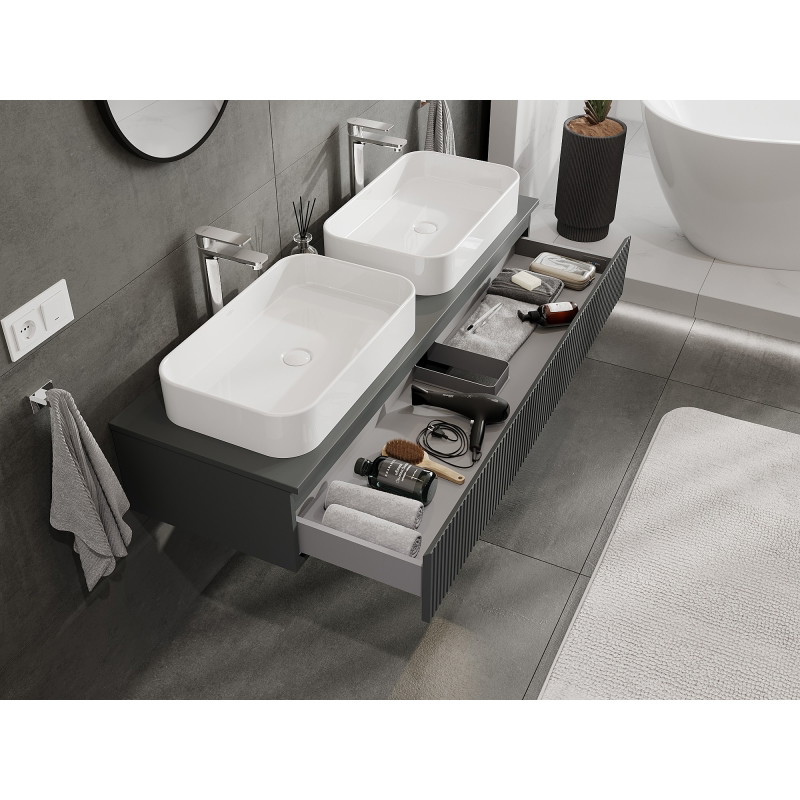 Mexen Rivel 140 cm under-sink bathroom cabinet with countertop, 1 drawer, fluted, matte graphite - 91A20-14023-1-BFC66
