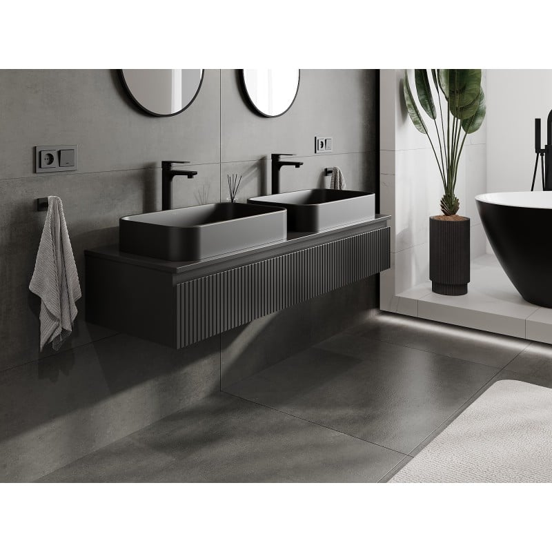 Mexen Rivel Bathroom Cabinet Under Sink 140 cm with Countertop, 1 Drawer, Fluted, Black Matte - 91A20-14023-1-BFC71