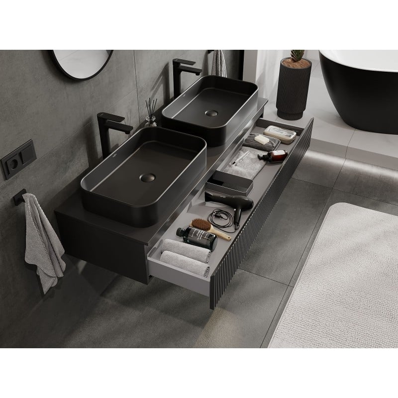 Mexen Rivel Bathroom Cabinet Under Sink 140 cm with Countertop, 1 Drawer, Fluted, Black Matte - 91A20-14023-1-BFC71