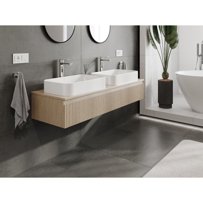 Mexen Rivel 140 cm bathroom cabinet with countertop, 1 drawer, fluted, oak - 91A20-14023-1-BFC81