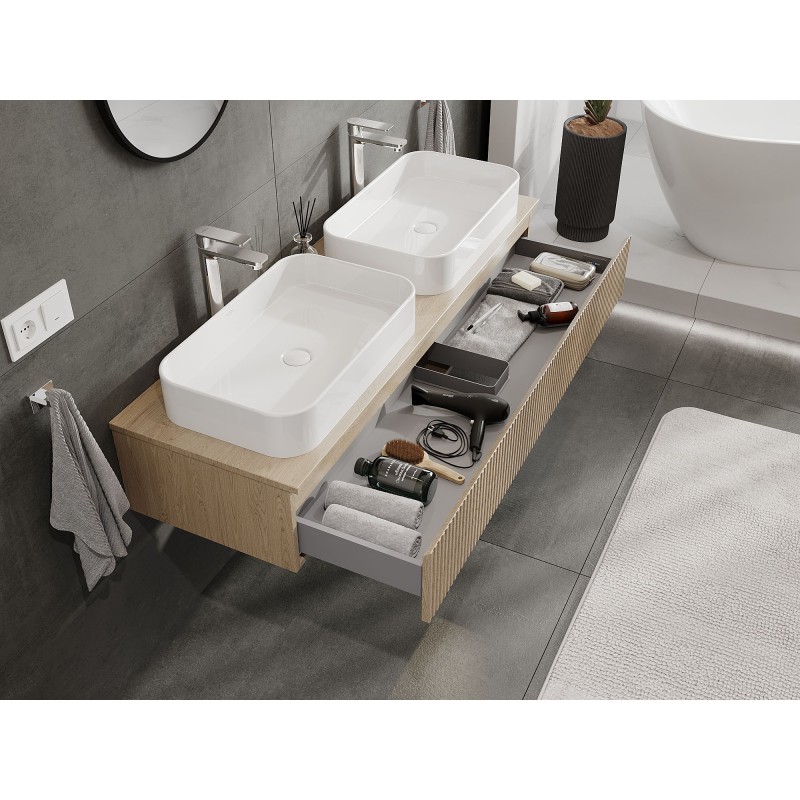 Mexen Rivel bathroom cabinet under-sink 140 cm with countertop, 1 drawer, grooved, oak - 91A20-14023-1-BFC81