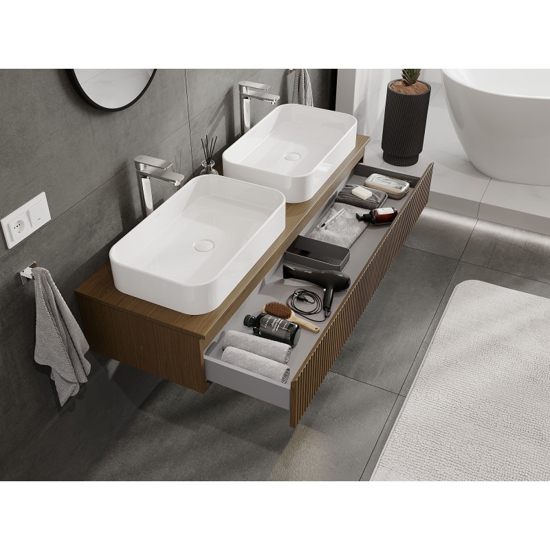 Mexen Rivel bathroom cabinet with countertop 140 cm with 1 drawer, fluted, walnut - 91A20-14023-1-BFC86