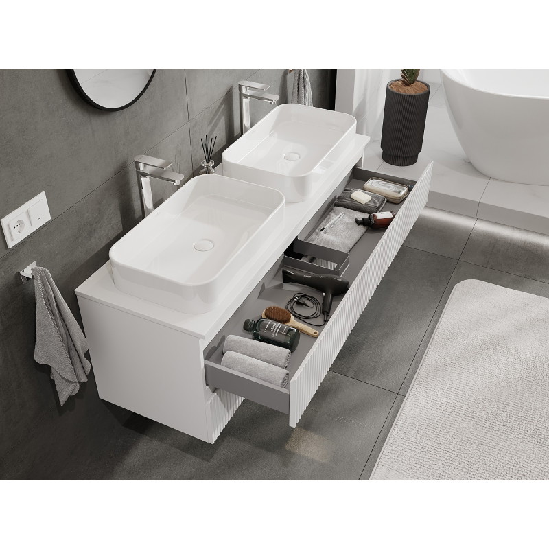 Mexen Rivel 140 cm bathroom cabinet with countertop, 2 drawers, fluted, white matte - 91A20-14047-2-BFFC01