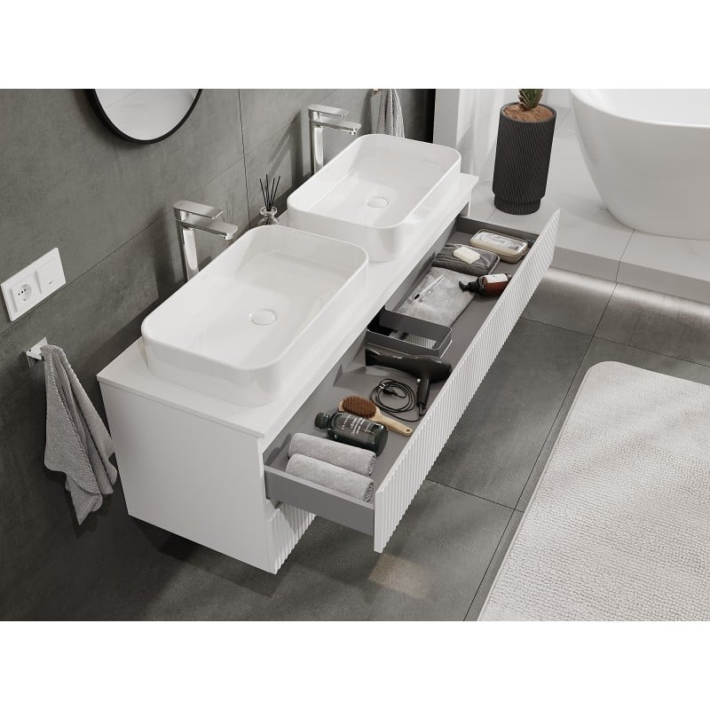 Mexen Rivel 140 cm Bathroom Cabinet with Countertop, 2 Drawers, Grooved, White Matt - 91A20-14047-2-BFFC01