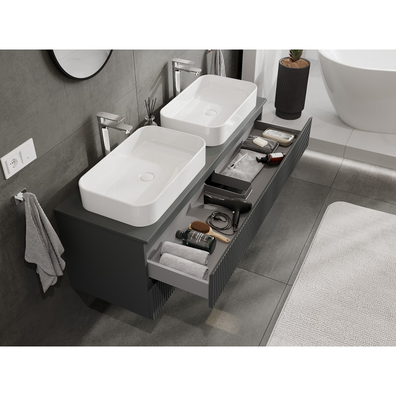 Mexen Rivel 140 cm Bathroom Cabinet Under Sink with Countertop, 2 Drawers, Ribbed, Matte Graphite - 91A20-14047-2-BFFC66