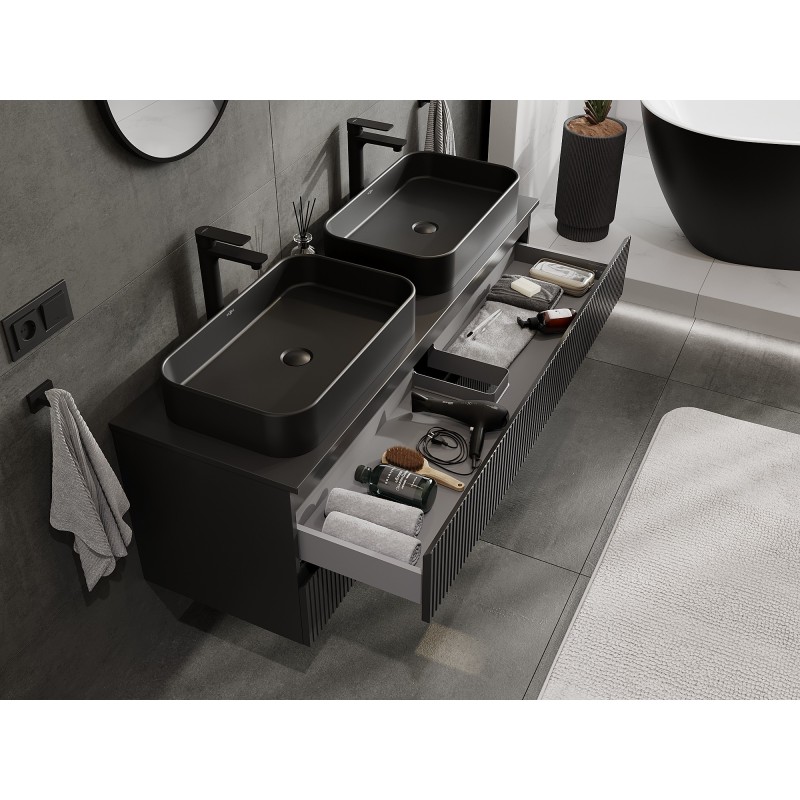 Mexen Rivel 140 cm Vanity Unit with Countertop, 2 Drawers, Grooved, Black Matte - 91A20-14047-2-BFFC71