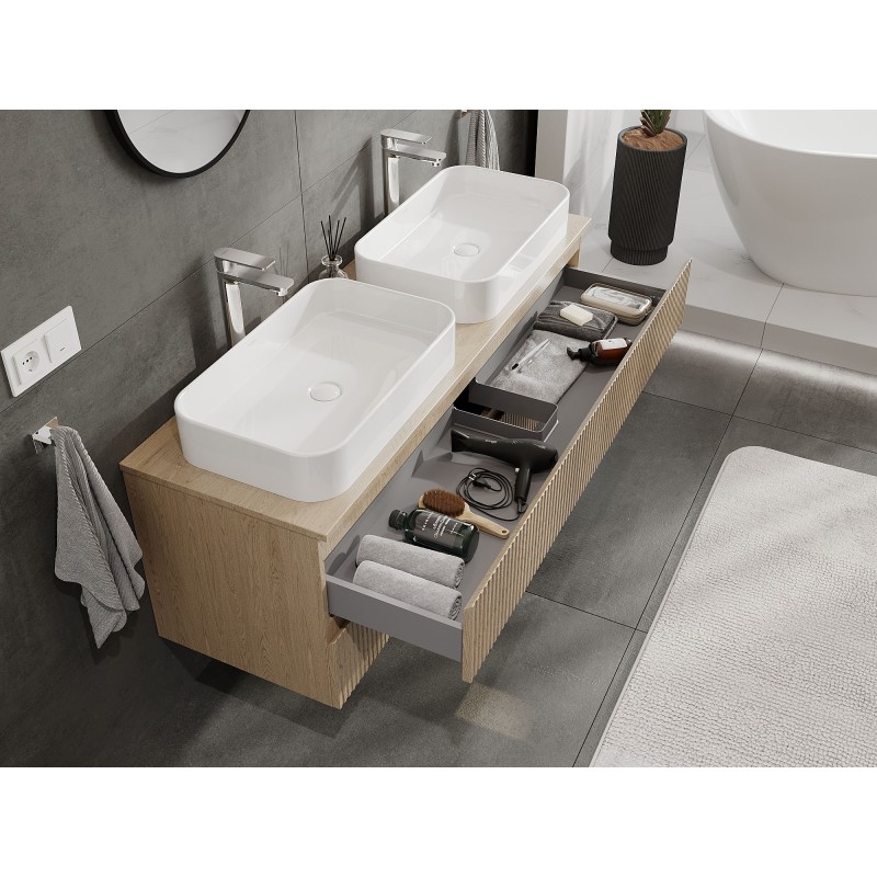 Mexen Rivel bathroom cabinet under sink 140 cm with countertop, 2 drawers, grooved, oak - 91A20-14047-2-BFFC81