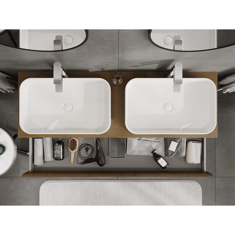 Mexen Rivel bathroom cabinet under-sink 140 cm with countertop, 2 drawers, grooved, walnut - 91A20-14047-2-BFFC86