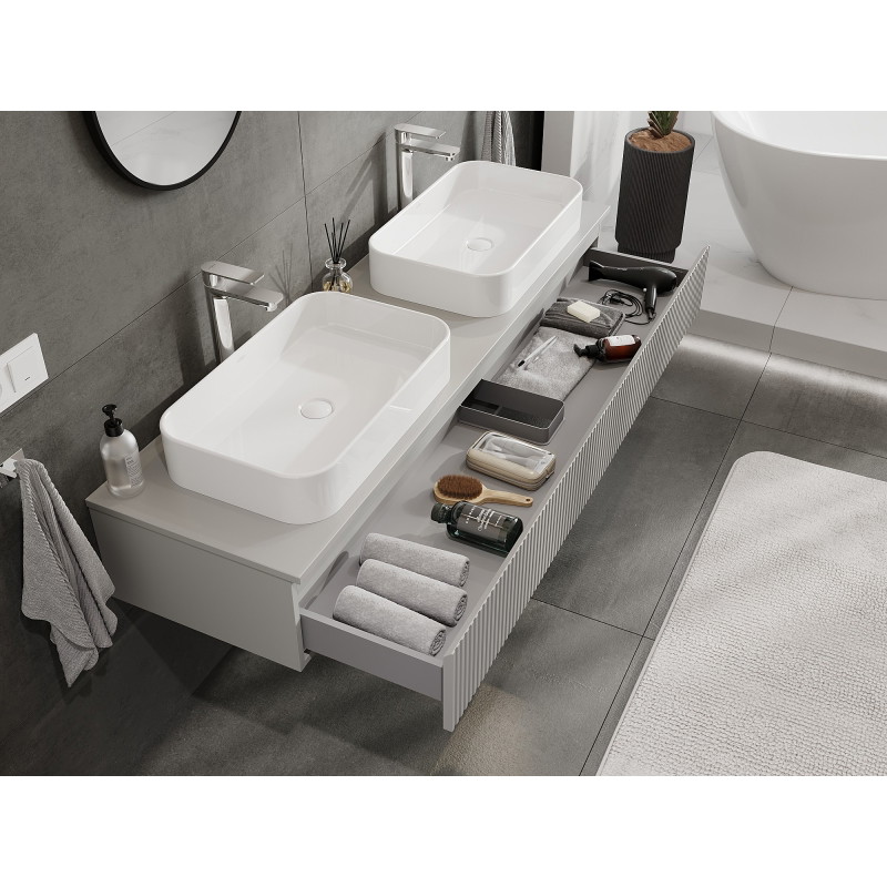 Mexen Rivel 160 cm under-sink bathroom cabinet with countertop, 1 drawer, ribbed, matte gray - 91A20-16023-1-BFC62