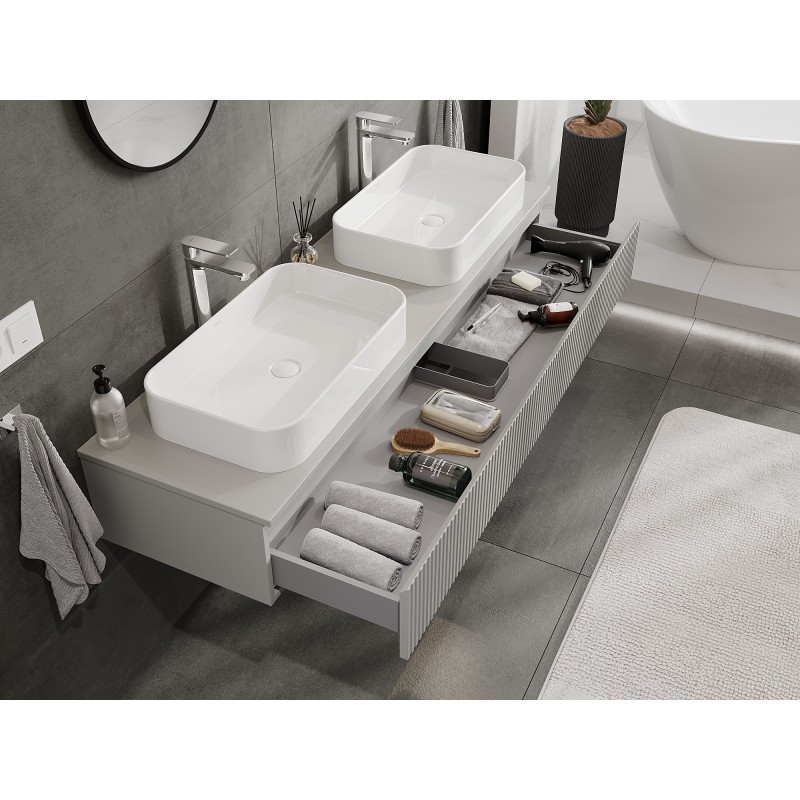 Mexen Rivel bathroom cabinet under-sink 160 cm with countertop, 1 drawer, fluted, matte grey - 91A20-16023-1-BFC62