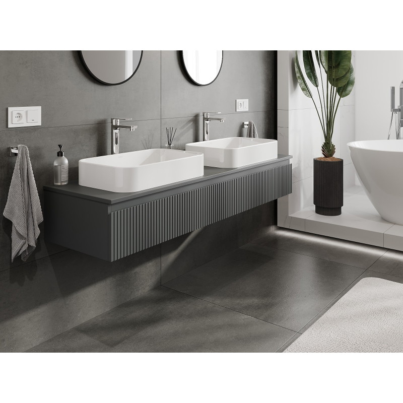 Mexen Rivel bathroom cabinet under-sink 160 cm with countertop, 1 drawer, grooved, matte graphite - 91A20-16023-1-BFC66