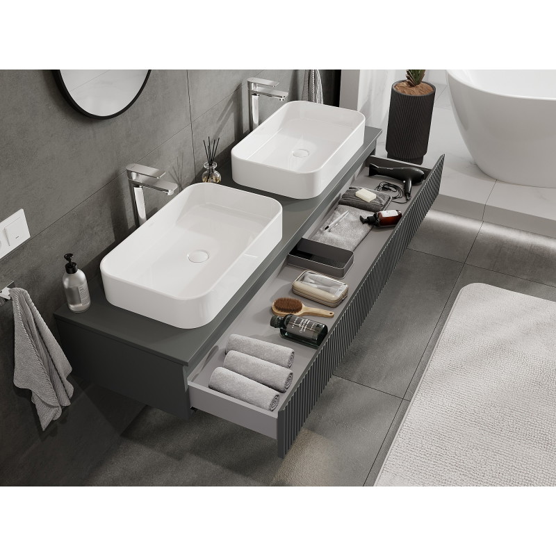 Mexen Rivel bathroom cabinet under-sink 160 cm with countertop, 1 drawer, grooved, matte graphite - 91A20-16023-1-BFC66
