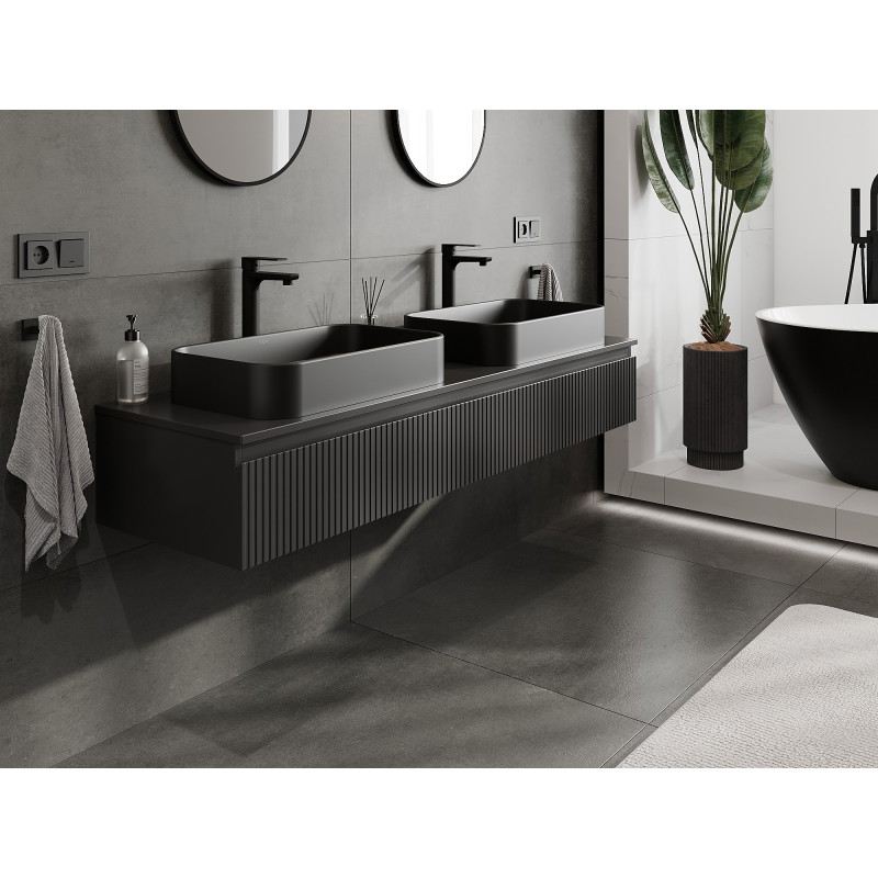 Mexen Rivel bathroom cabinet under sink 160 cm with countertop, 1 drawer, grooved, matte black - 91A20-16023-1-BFC71