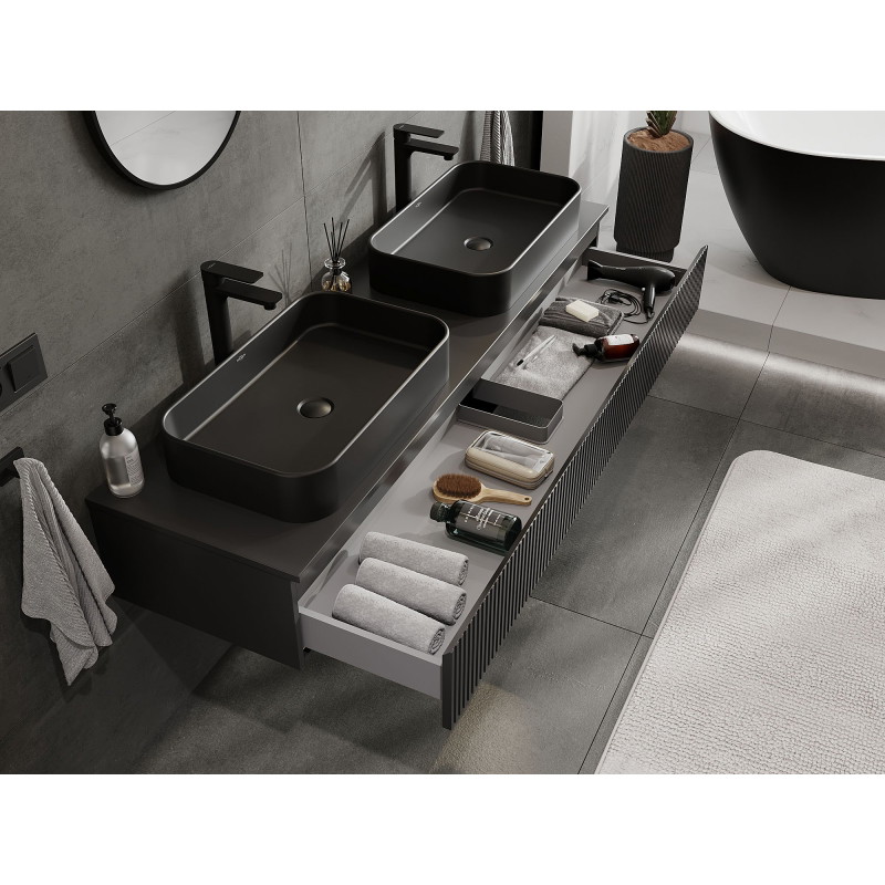 Mexen Rivel bathroom cabinet under sink 160 cm with countertop, 1 drawer, grooved, matte black - 91A20-16023-1-BFC71
